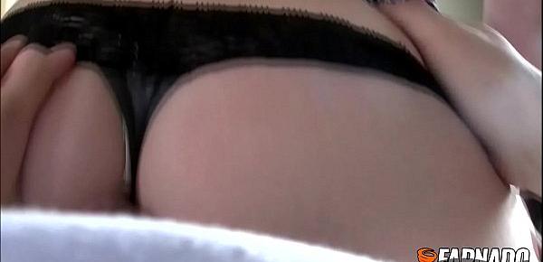  POV homemade sextape of a black haired chick dryhumping her guy while wearing just a thong